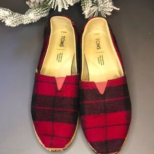 Tom’s red and black plaid loafers